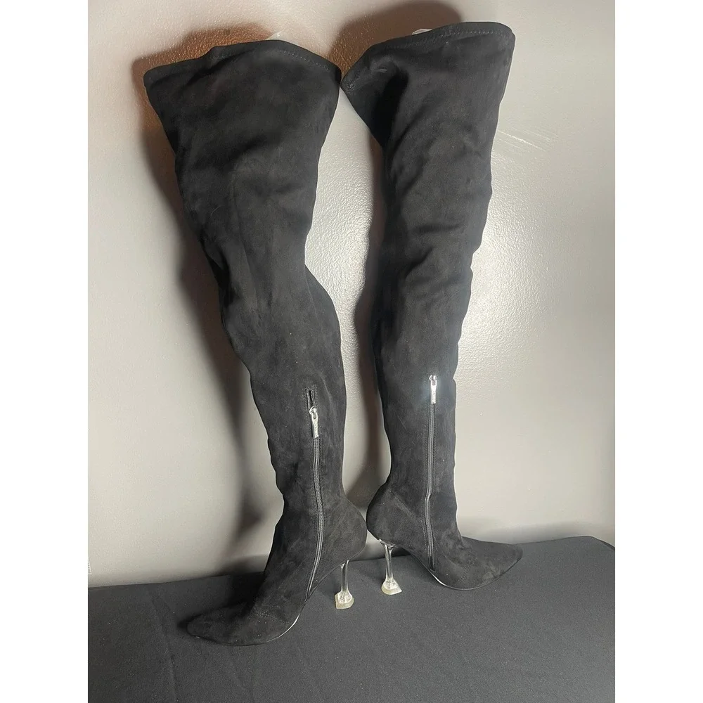 Cape Robbin Women Black Faux Suede Over The Knee Boots Clear Lucite Heel Sz 8.5